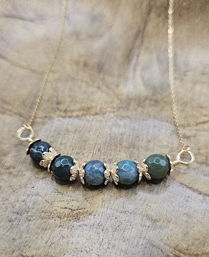 Gemstone Necklace & Earring Set- Moss Agate- Gold Tone