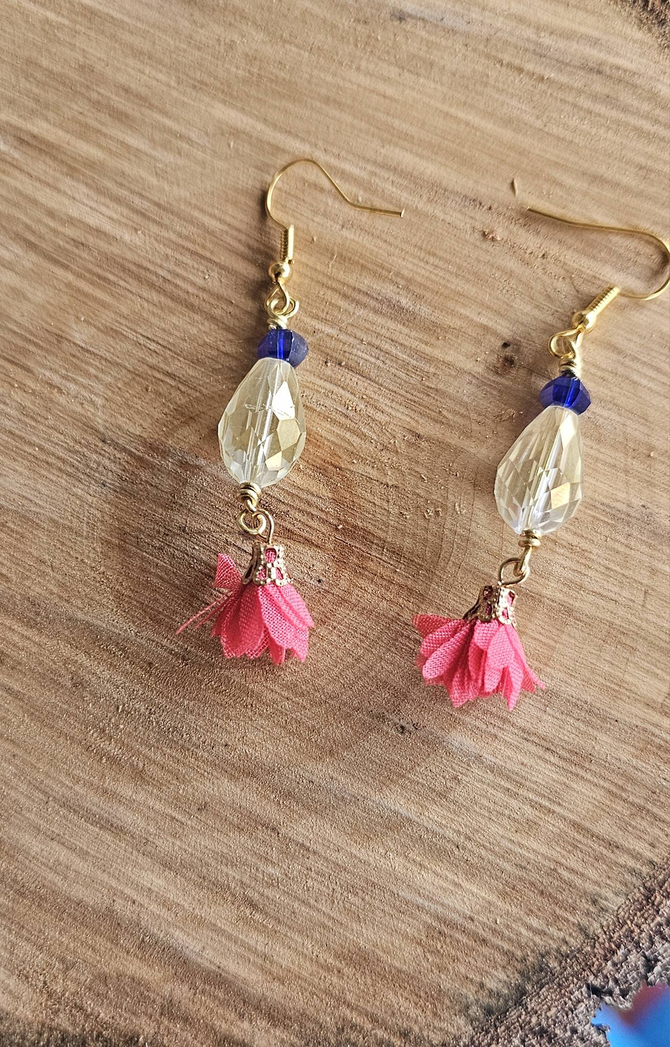 Floral Drop Earrings – Gold Tone with Pink Tassel Accent