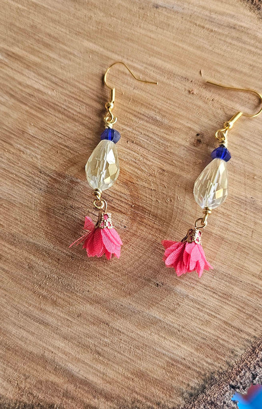 Floral Drop Earrings – Gold Tone with Pink Tassel Accent