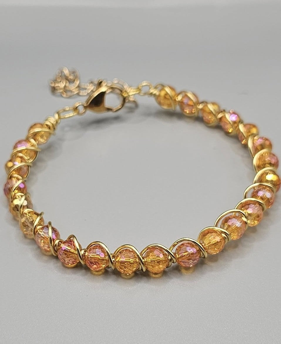 Golden Glow Wire-Wrapped Beaded Bracelet