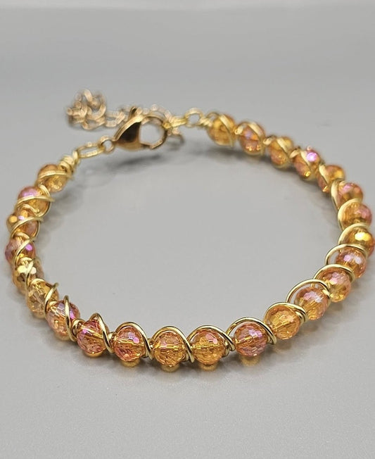 Golden Glow Wire-Wrapped Beaded Bracelet