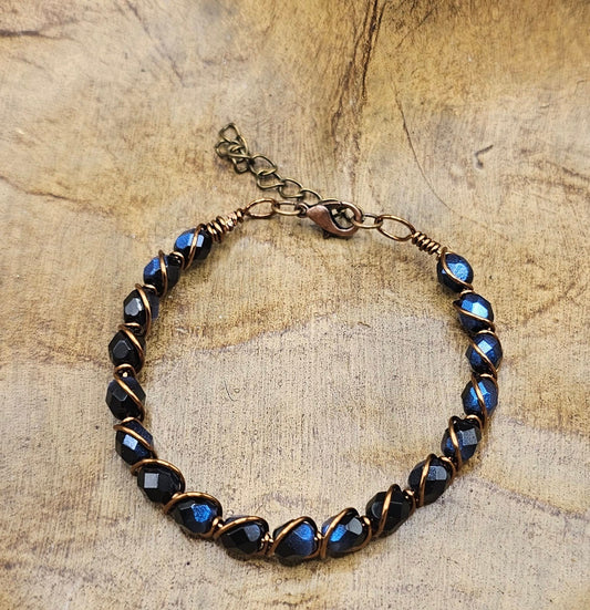 Midnight Blue Faceted Bead & Bronze Wire-Wrapped Handmade Bracelet
