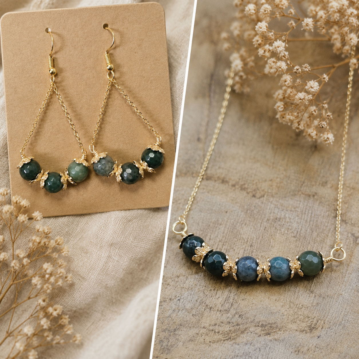 Gemstone Necklace & Earring Set- Moss Agate- Gold Tone