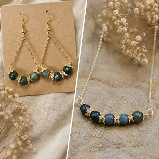 Gemstone Necklace & Earring Set- Moss Agate- Gold Tone